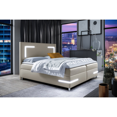 Čalúnená posteľ s osvetlením KAZIMA - 180x200, béžová + topper ZDARMA