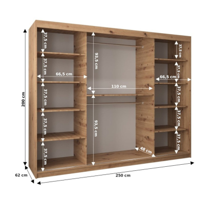 Šatníková skriňa ENNI - šírka 250 cm, dub artisan / čierna