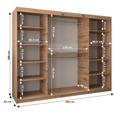 Šatníková skriňa ENNI - šírka 250 cm, čierna / dub sonoma