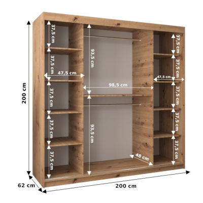 Šatníková skriňa ENNI - šírka 200 cm, čierna / dub sonoma