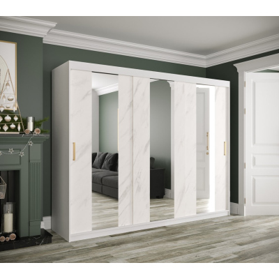 Šatníková skriňa s posuvnými dverami a zrkadlami MAREILLE 4 - šírka 250 cm, biela / biely mramor