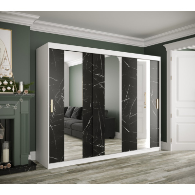 Šatníková skriňa s posuvnými dverami a zrkadlami MAREILLE 4 - šírka 250 cm, biela / čierny mramor