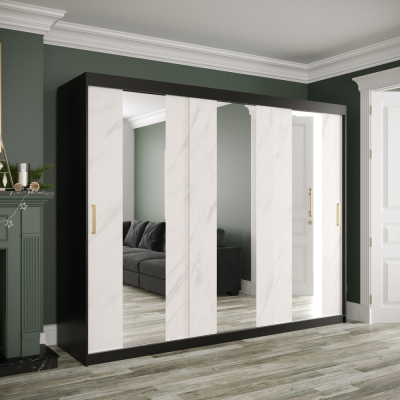 Šatníková skriňa s posuvnými dverami a zrkadlami MAREILLE 4 - šírka 250 cm, čierna / biely mramor
