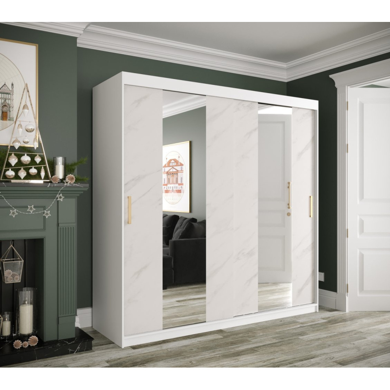 Šatníková skriňa s posuvnými dverami a zrkadlami MAREILLE 4 - šírka 200 cm, biela / biely mramor