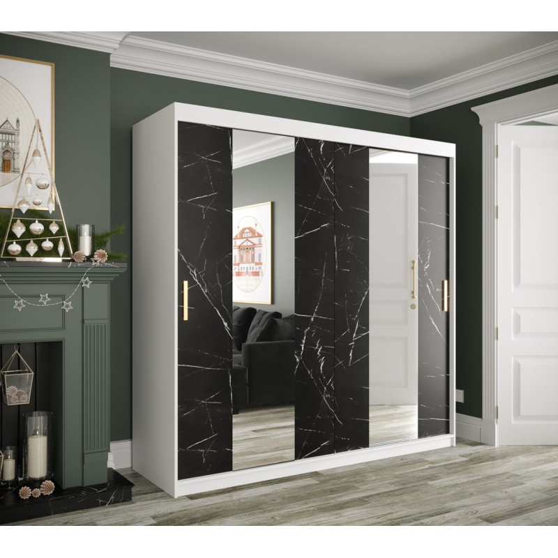Šatníková skriňa s posuvnými dverami a zrkadlami MAREILLE 4 - šírka 200 cm, biela / čierny mramor