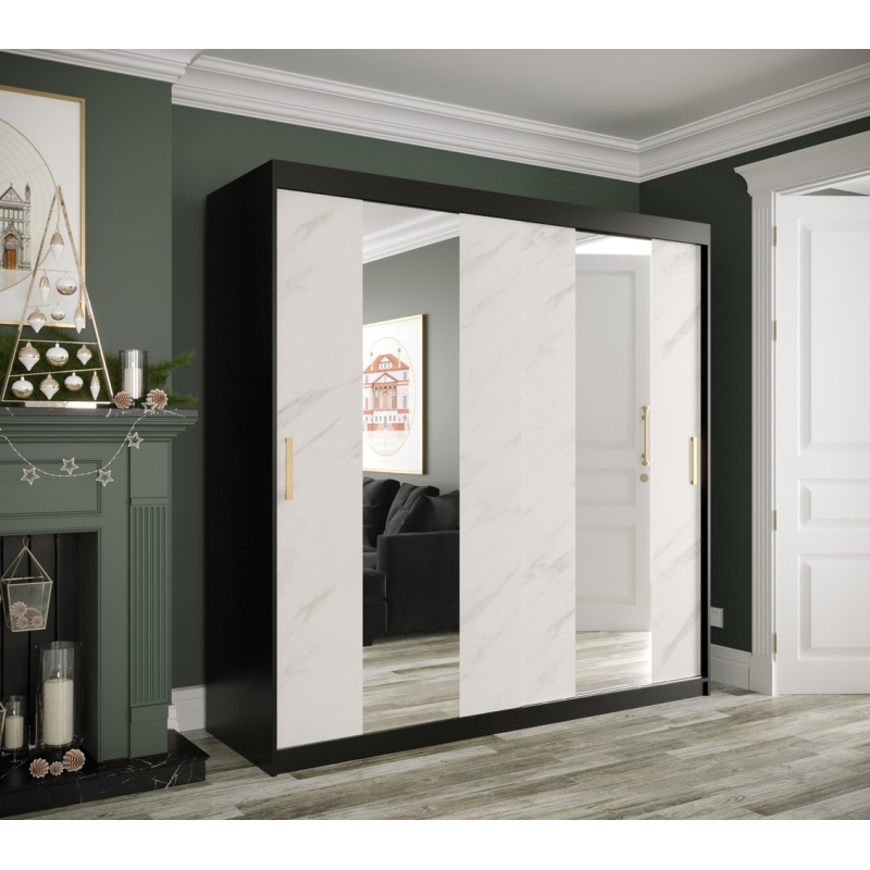 Šatníková skriňa s posuvnými dverami a zrkadlami MAREILLE 4 - šírka 200 cm, čierna / biely mramor