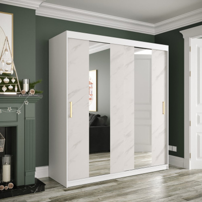 Šatníková skriňa s posuvnými dverami a zrkadlami MAREILLE 4 - šírka 180 cm, biela / biely mramor