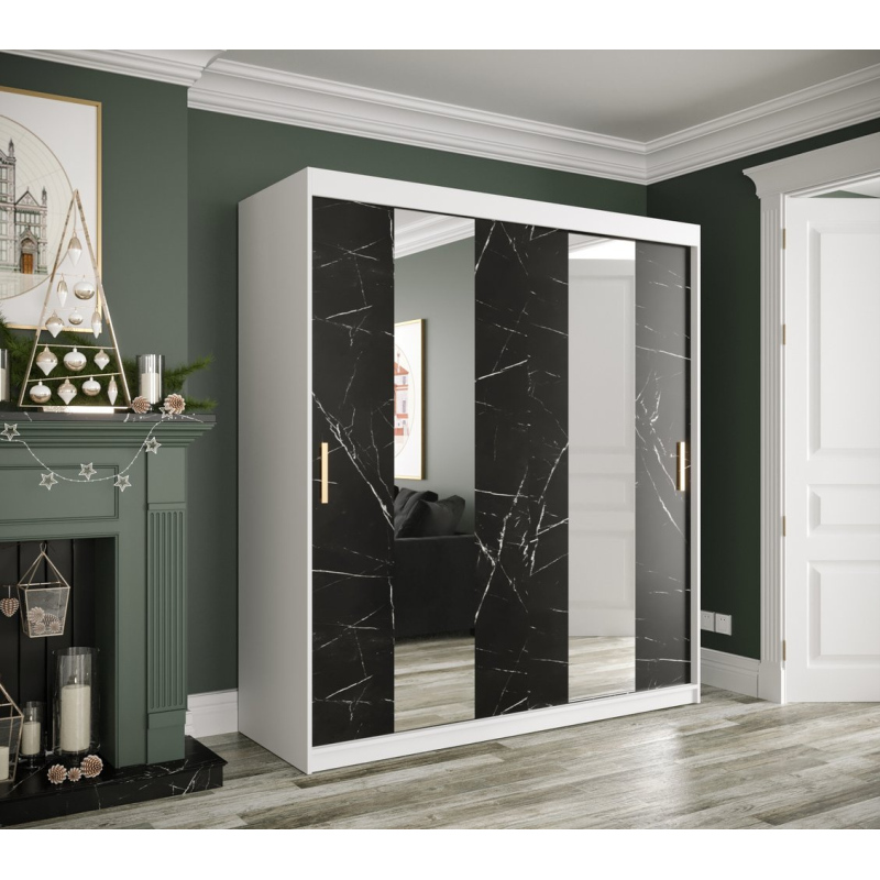 Šatníková skriňa s posuvnými dverami a zrkadlami MAREILLE 4 - šírka 180 cm, biela / čierny mramor