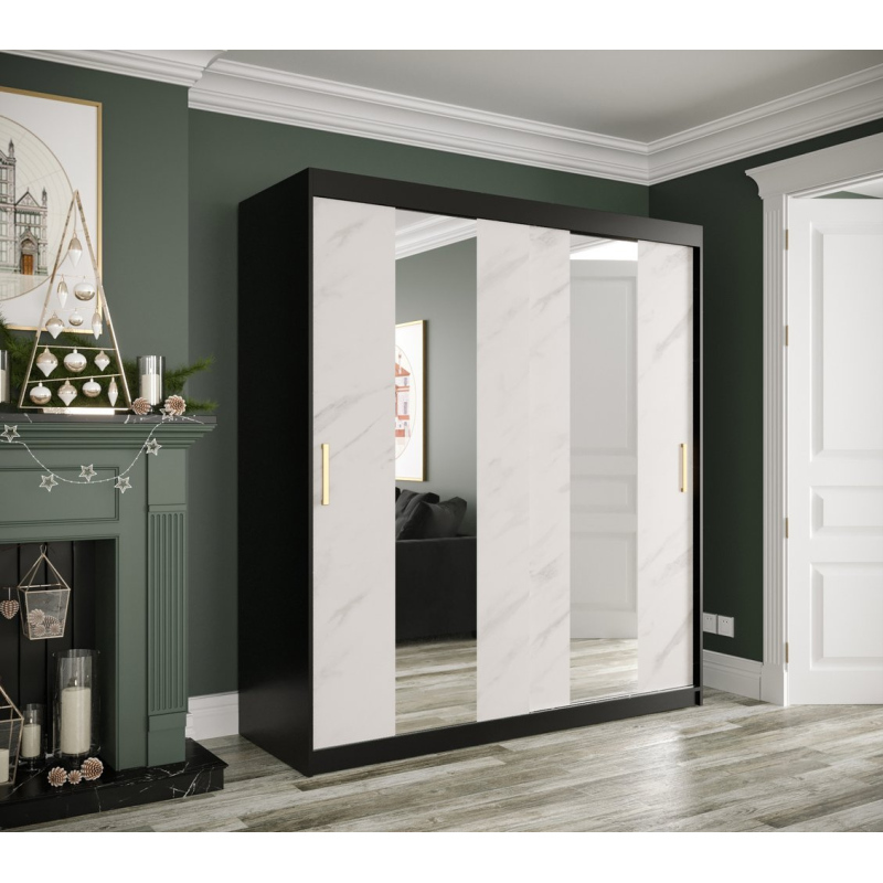 Šatníková skriňa s posuvnými dverami a zrkadlami MAREILLE 4 - šírka 180 cm, čierna / biely mramor