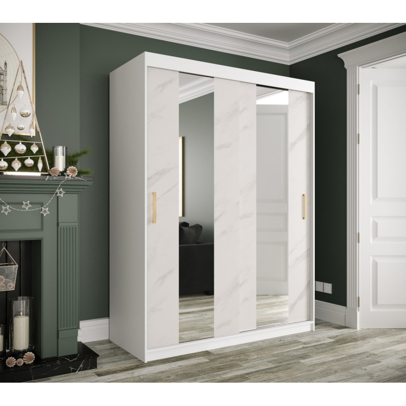 Šatníková skriňa s posuvnými dverami a zrkadlami MAREILLE 4 - šírka 150 cm, biela / biely mramor