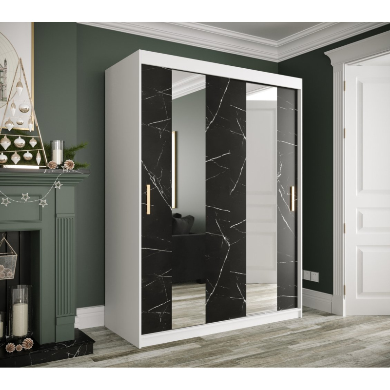 Šatníková skriňa s posuvnými dverami a zrkadlami MAREILLE 4 - šírka 150 cm, biela / čierny mramor
