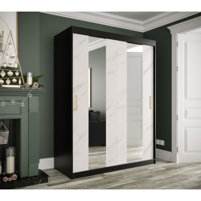 Šatníková skriňa s posuvnými dverami a zrkadlami MAREILLE 4 - šírka 150 cm, čierna / biely mramor