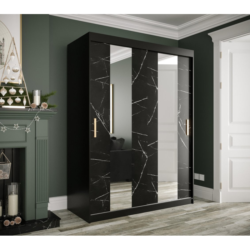 Šatníková skriňa s posuvnými dverami a zrkadlami MAREILLE 4 - šírka 150 cm, čierna / čierny mramor