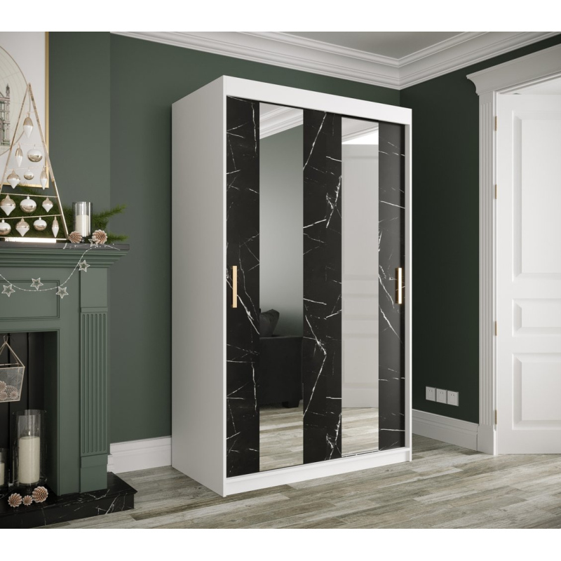 Šatníková skriňa s posuvnými dverami a zrkadlami MAREILLE 4 - šírka 120 cm, biela / čierny mramor