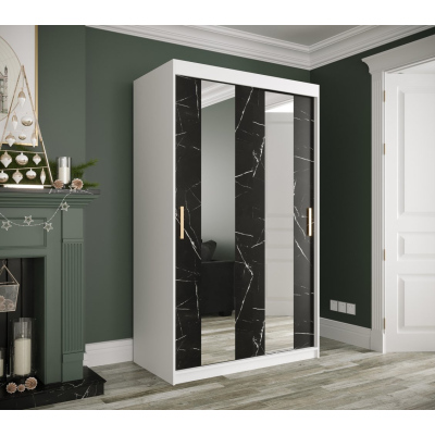 Šatníková skriňa s posuvnými dverami a zrkadlami MAREILLE 4 - šírka 120 cm, biela / čierny mramor