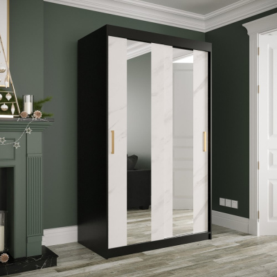 Šatníková skriňa s posuvnými dverami a zrkadlami MAREILLE 4 - šírka 120 cm, čierna / biely mramor