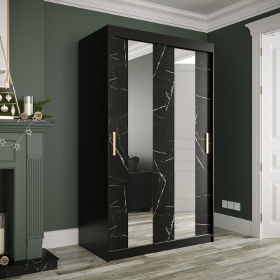 Šatníková skriňa s posuvnými dverami a zrkadlami MAREILLE 4 - šírka 120 cm, čierna / čierny mramor