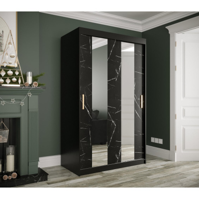 Šatníková skriňa s posuvnými dverami a zrkadlami MAREILLE 4 - šírka 120 cm, čierna / čierny mramor