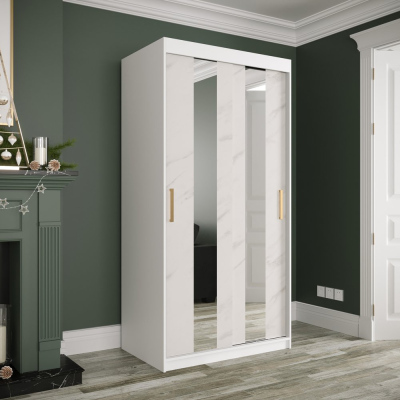 Šatníková skriňa s posuvnými dverami a zrkadlami MAREILLE 4 - šírka 100 cm, biela / biely mramor