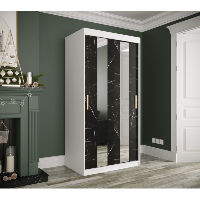 Šatníková skriňa s posuvnými dverami a zrkadlami MAREILLE 4 - šírka 100 cm, biela / čierny mramor
