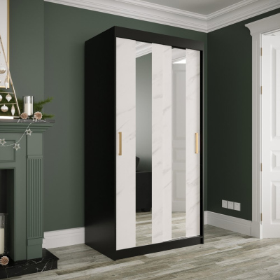 Šatníková skriňa s posuvnými dverami a zrkadlami MAREILLE 4 - šírka 100 cm, čierna / biely mramor