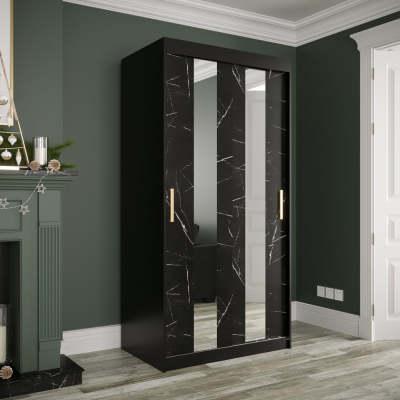 Šatníková skriňa s posuvnými dverami a zrkadlami MAREILLE 4 - šírka 100 cm, čierna / čierny mramor