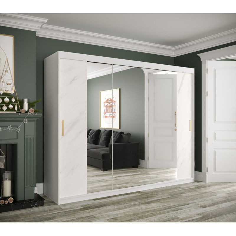 Zrkadlová skriňa s posuvnými dverami MAREILLE 3 - šírka 250 cm, biela / biely mramor
