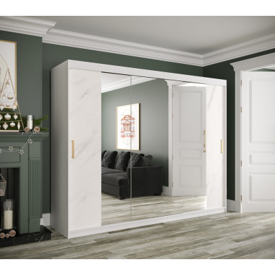 Zrkadlová skriňa s posuvnými dverami MAREILLE 3 - šírka 250 cm, biela / biely mramor