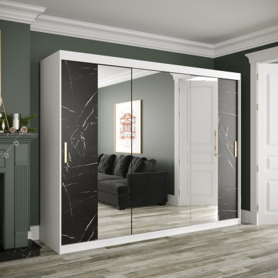 Zrkadlová skriňa s posuvnými dverami MAREILLE 3 - šírka 250 cm, biela / čierny mramor