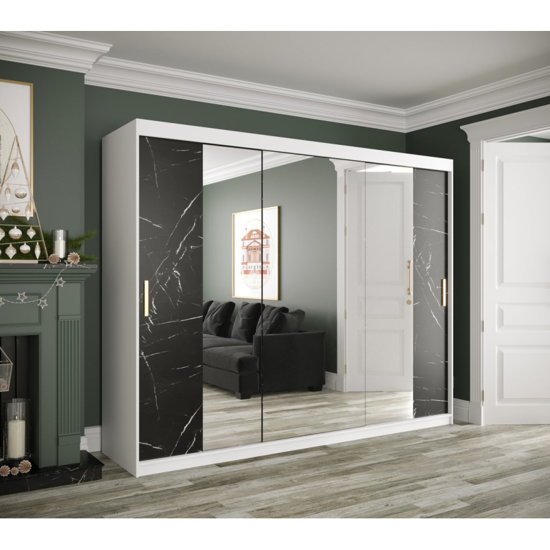 Zrkadlová skriňa s posuvnými dverami MAREILLE 3 - šírka 250 cm, biela / čierny mramor