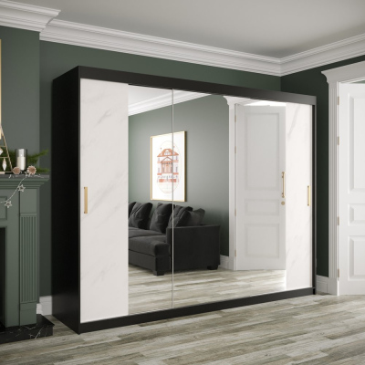 Zrkadlová skriňa s posuvnými dverami MAREILLE 3 - šírka 250 cm, čierna / biely mramor