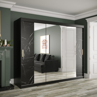 Zrkadlová skriňa s posuvnými dverami MAREILLE 3 - šírka 250 cm, čierna / čierny mramor