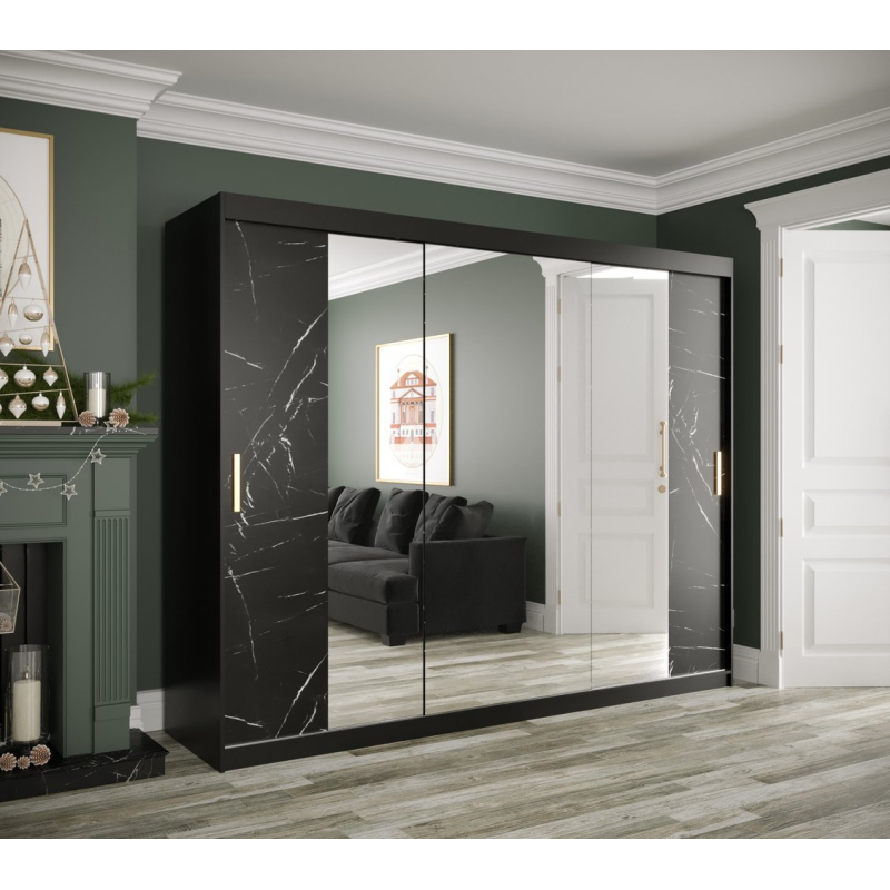 Zrkadlová skriňa s posuvnými dverami MAREILLE 3 - šírka 250 cm, čierna / čierny mramor