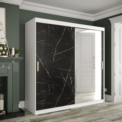 Zrkadlová skriňa s posuvnými dverami MAREILLE 3 - šírka 200 cm, biela / čierny mramor