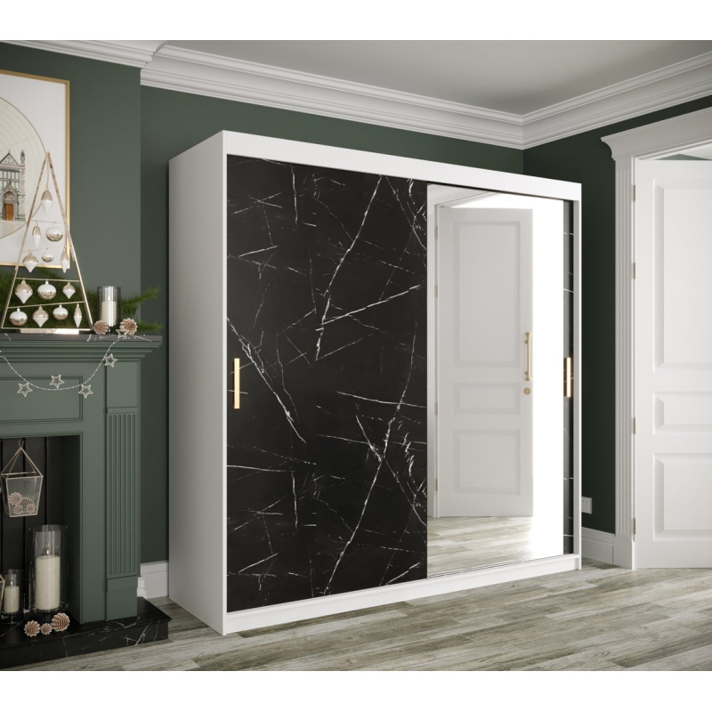 Zrkadlová skriňa s posuvnými dverami MAREILLE 3 - šírka 200 cm, biela / čierny mramor
