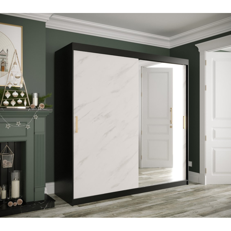 Zrkadlová skriňa s posuvnými dverami MAREILLE 3 - šírka 200 cm, čierna / biely mramor