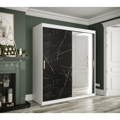 Zrkadlová skriňa s posuvnými dverami MAREILLE 3 - šírka 180 cm, biela / čierny mramor