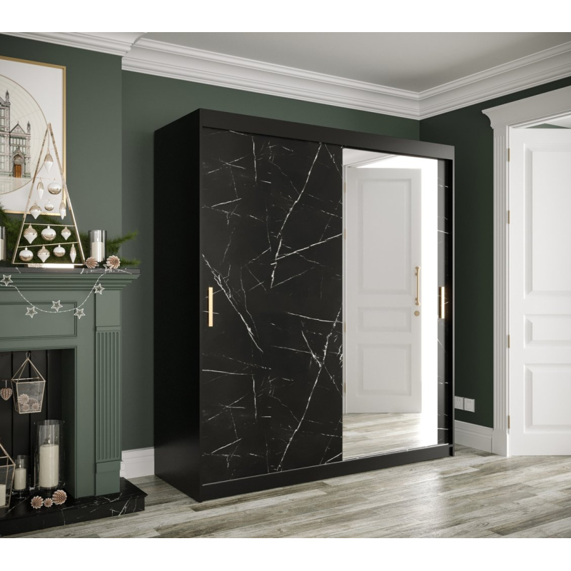 Zrkadlová skriňa s posuvnými dverami MAREILLE 3 - šírka 180 cm, čierna / čierny mramor