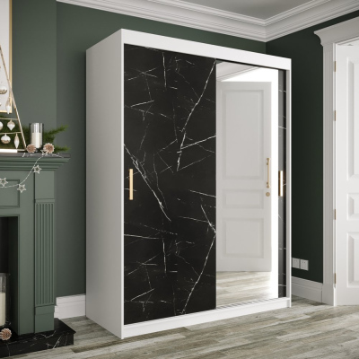 Zrkadlová skriňa s posuvnými dverami MAREILLE 3 - šírka 150 cm, biela / čierny mramor
