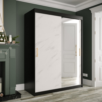 Zrkadlová skriňa s posuvnými dverami MAREILLE 3 - šírka 150 cm, čierna / biely mramor