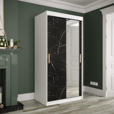 Zrkadlová skriňa s posuvnými dverami MAREILLE 3 - šírka 100 cm, biela / čierny mramor