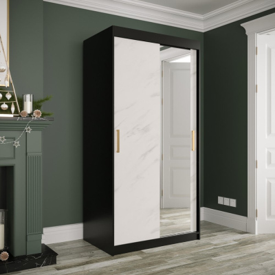 Zrkadlová skriňa s posuvnými dverami MAREILLE 3 - šírka 100 cm, čierna / biely mramor