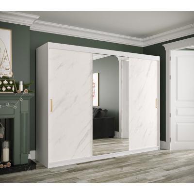 Zrkadlová skriňa s posuvnými dverami MAREILLE 2 - šírka 250 cm, biela / biely mramor