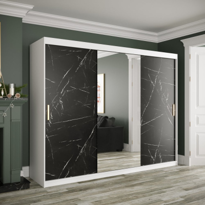 Zrkadlová skriňa s posuvnými dverami MAREILLE 2 - šírka 250 cm, biela / čierny mramor