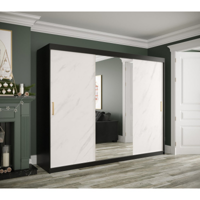 Zrkadlová skriňa s posuvnými dverami MAREILLE 2 - šírka 250 cm, čierna / biely mramor