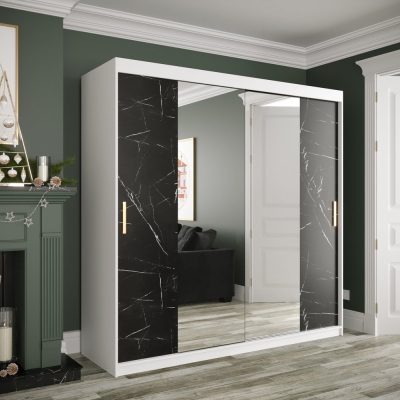 Zrkadlová skriňa s posuvnými dverami MAREILLE 2 - šírka 200 cm, biela / čierny mramor