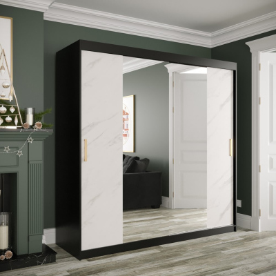 Zrkadlová skriňa s posuvnými dverami MAREILLE 2 - šírka 200 cm, čierna / biely mramor
