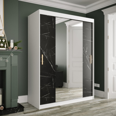 Zrkadlová skriňa s posuvnými dverami MAREILLE 2 - šírka 150 cm, biela / čierny mramor