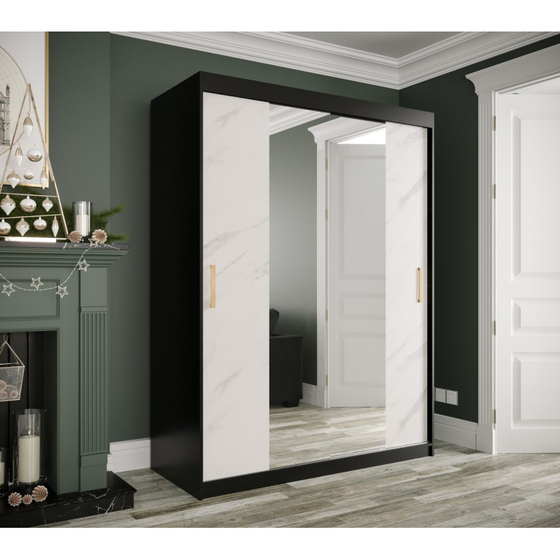 Zrkadlová skriňa s posuvnými dverami MAREILLE 2 - šírka 150 cm, čierna / biely mramor
