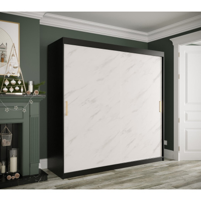 Skriňa s posuvnými dverami MAREILLE 1 - šírka 200 cm, čierna / biely mramor